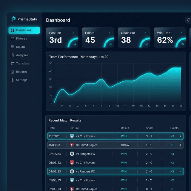 Dashboard de PrismaStats mostrando KPIs, gráficos de rendimiento y resultados recientes